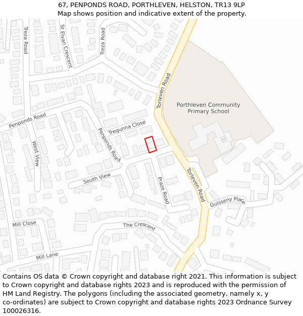 67, PENPONDS ROAD, PORTHLEVEN, HELSTON, TR13 9LP: Location map and indicative extent of plot