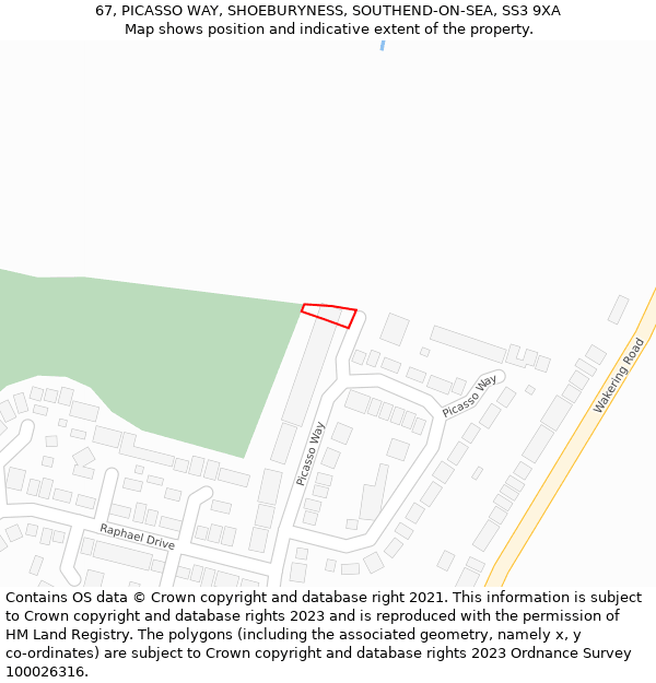 67, PICASSO WAY, SHOEBURYNESS, SOUTHEND-ON-SEA, SS3 9XA: Location map and indicative extent of plot