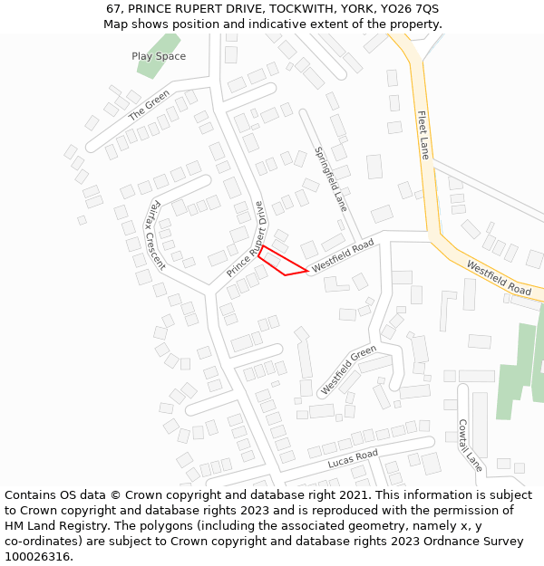 67, PRINCE RUPERT DRIVE, TOCKWITH, YORK, YO26 7QS: Location map and indicative extent of plot