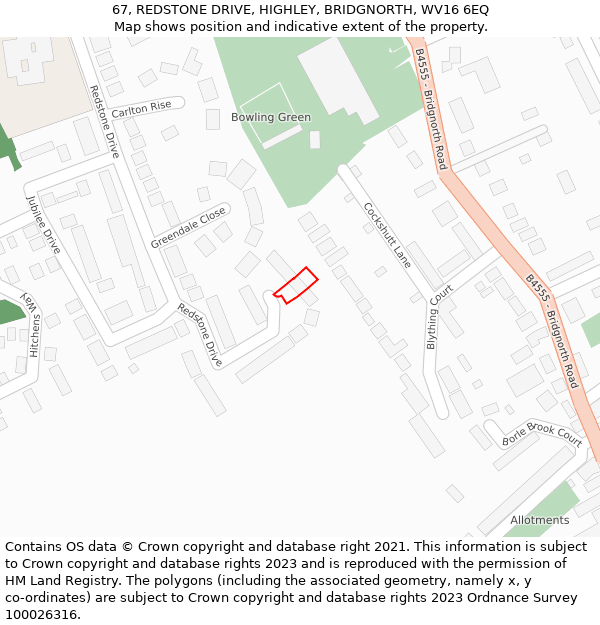 67, REDSTONE DRIVE, HIGHLEY, BRIDGNORTH, WV16 6EQ: Location map and indicative extent of plot