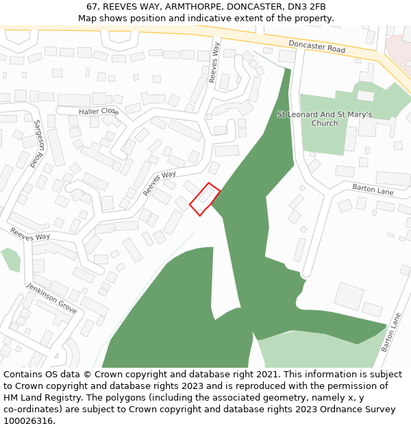 67, REEVES WAY, ARMTHORPE, DONCASTER, DN3 2FB: Location map and indicative extent of plot