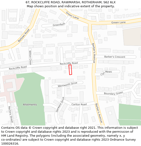 67, ROCKCLIFFE ROAD, RAWMARSH, ROTHERHAM, S62 6LX: Location map and indicative extent of plot