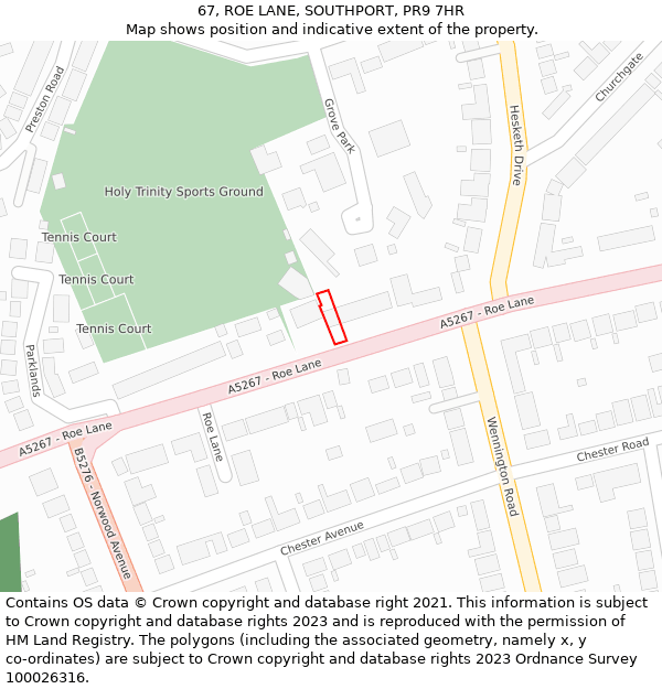 67, ROE LANE, SOUTHPORT, PR9 7HR: Location map and indicative extent of plot