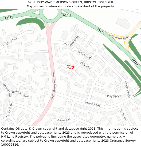 67, RUSHY WAY, EMERSONS GREEN, BRISTOL, BS16 7ER: Location map and indicative extent of plot