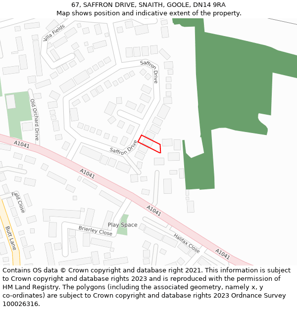 67, SAFFRON DRIVE, SNAITH, GOOLE, DN14 9RA: Location map and indicative extent of plot