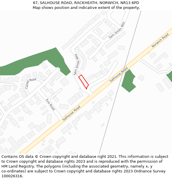 67, SALHOUSE ROAD, RACKHEATH, NORWICH, NR13 6PD: Location map and indicative extent of plot