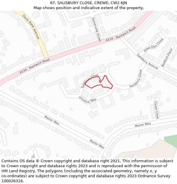 67, SALISBURY CLOSE, CREWE, CW2 6JN: Location map and indicative extent of plot