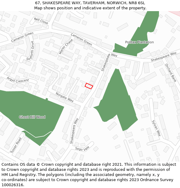 67, SHAKESPEARE WAY, TAVERHAM, NORWICH, NR8 6SL: Location map and indicative extent of plot