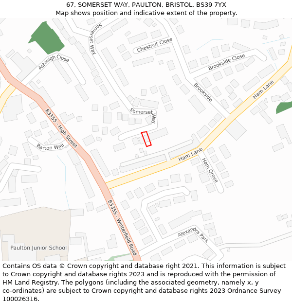 67, SOMERSET WAY, PAULTON, BRISTOL, BS39 7YX: Location map and indicative extent of plot