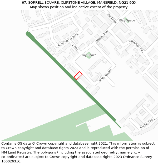 67, SORRELL SQUARE, CLIPSTONE VILLAGE, MANSFIELD, NG21 9GX: Location map and indicative extent of plot