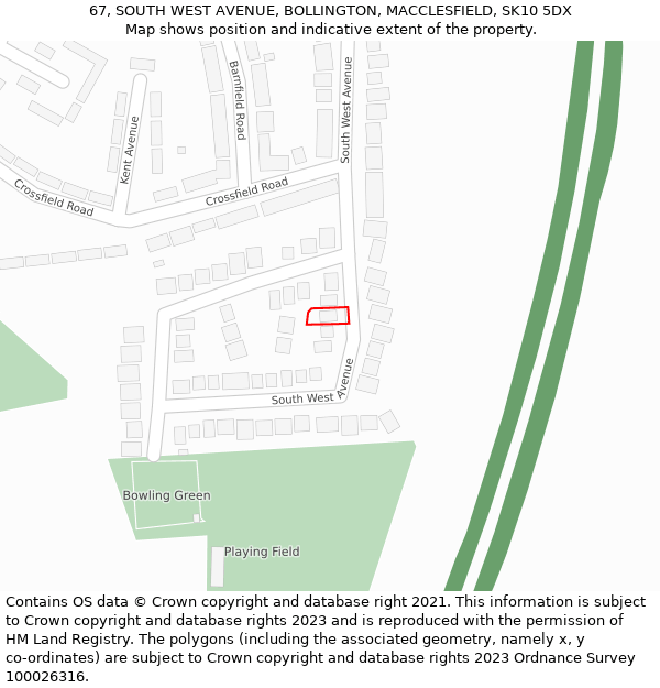 67, SOUTH WEST AVENUE, BOLLINGTON, MACCLESFIELD, SK10 5DX: Location map and indicative extent of plot