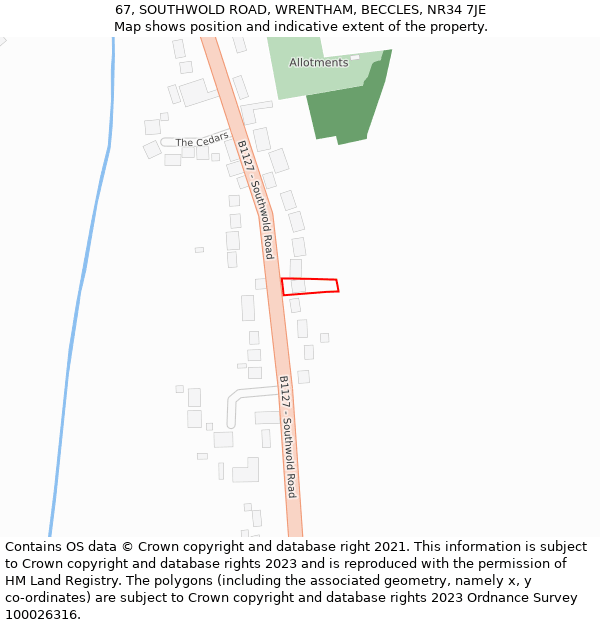67, SOUTHWOLD ROAD, WRENTHAM, BECCLES, NR34 7JE: Location map and indicative extent of plot