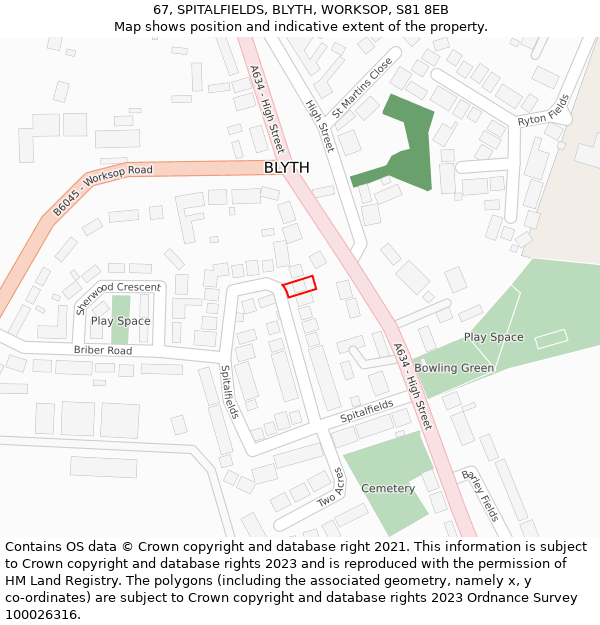 67, SPITALFIELDS, BLYTH, WORKSOP, S81 8EB: Location map and indicative extent of plot