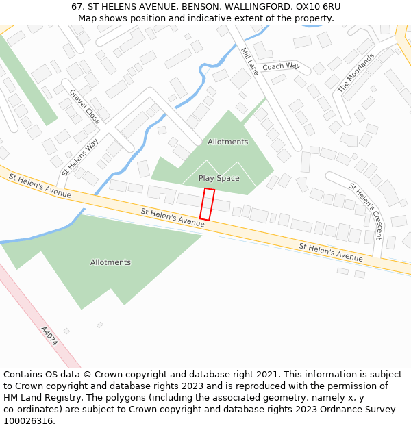 67, ST HELENS AVENUE, BENSON, WALLINGFORD, OX10 6RU: Location map and indicative extent of plot