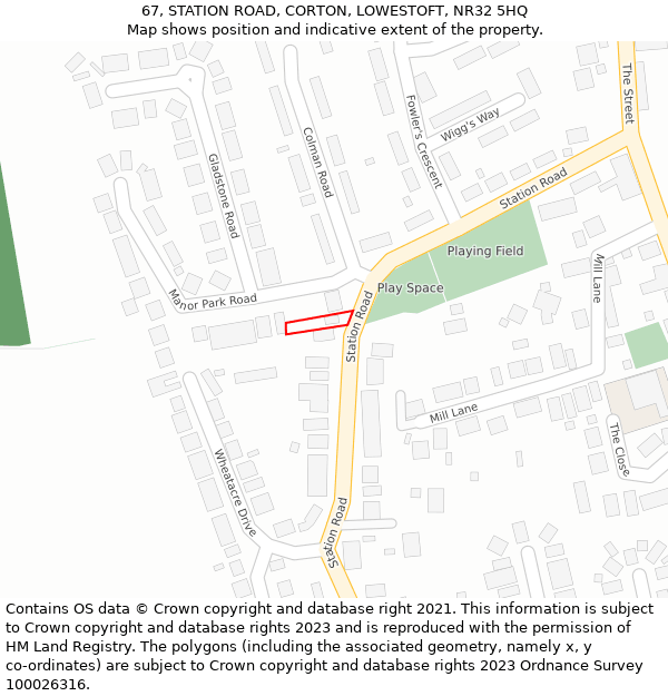 67, STATION ROAD, CORTON, LOWESTOFT, NR32 5HQ: Location map and indicative extent of plot