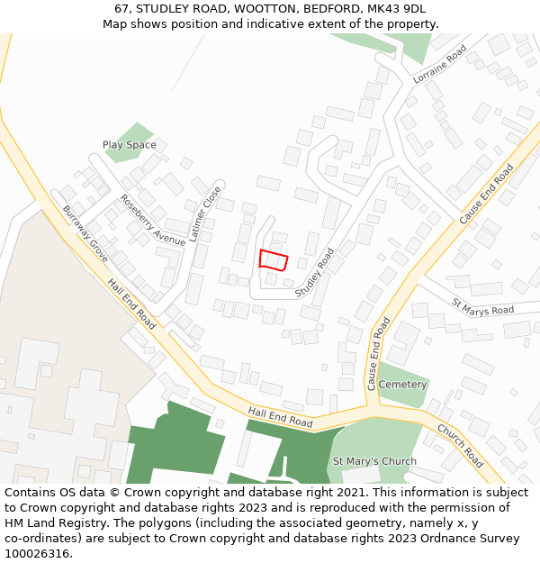 67, STUDLEY ROAD, WOOTTON, BEDFORD, MK43 9DL: Location map and indicative extent of plot