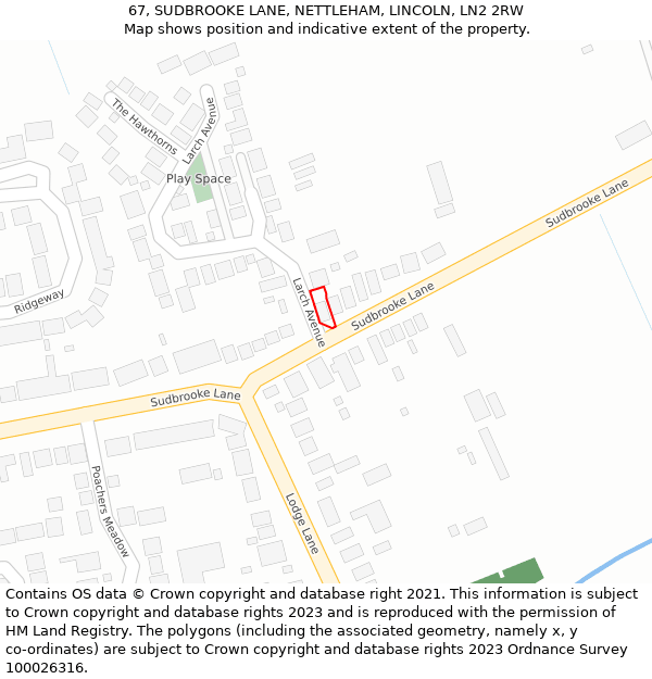 67, SUDBROOKE LANE, NETTLEHAM, LINCOLN, LN2 2RW: Location map and indicative extent of plot