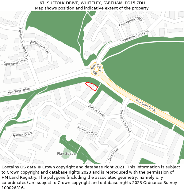 67, SUFFOLK DRIVE, WHITELEY, FAREHAM, PO15 7DH: Location map and indicative extent of plot