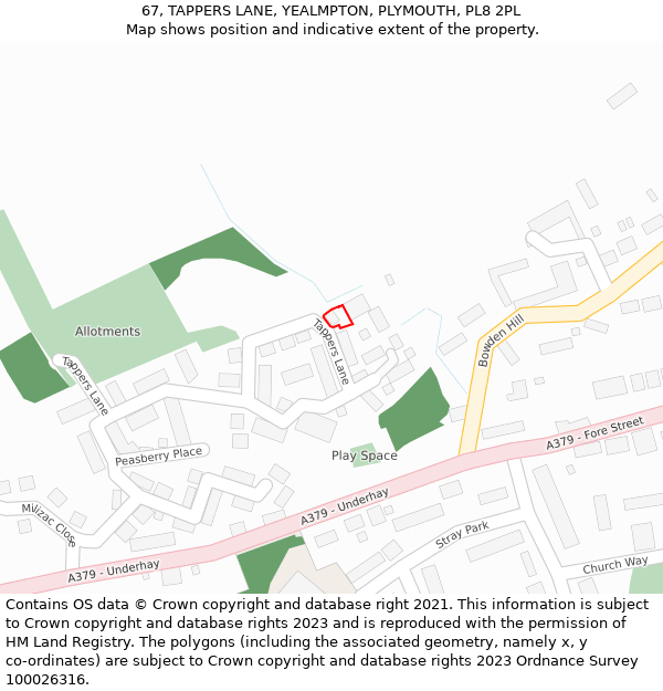 67, TAPPERS LANE, YEALMPTON, PLYMOUTH, PL8 2PL: Location map and indicative extent of plot