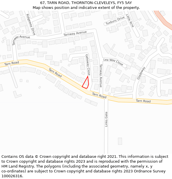 67, TARN ROAD, THORNTON-CLEVELEYS, FY5 5AY: Location map and indicative extent of plot