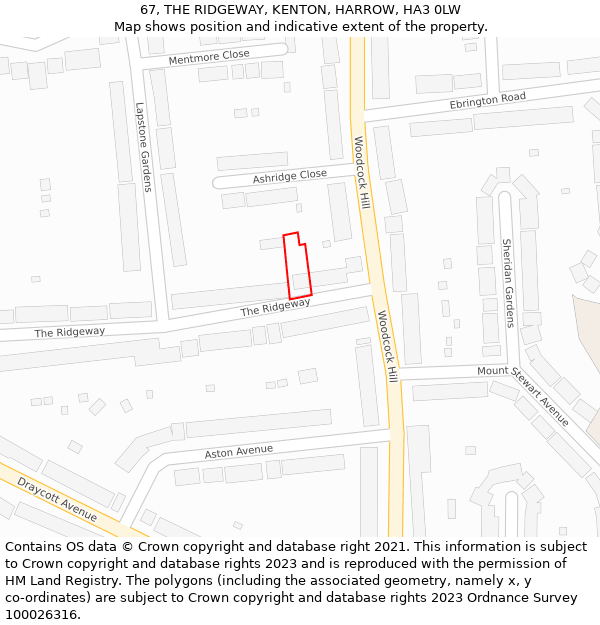 67, THE RIDGEWAY, KENTON, HARROW, HA3 0LW: Location map and indicative extent of plot