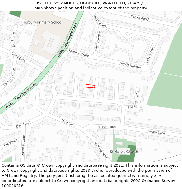 67, THE SYCAMORES, HORBURY, WAKEFIELD, WF4 5QG: Location map and indicative extent of plot