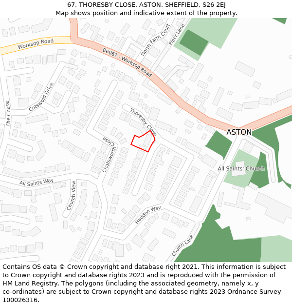 67, THORESBY CLOSE, ASTON, SHEFFIELD, S26 2EJ: Location map and indicative extent of plot