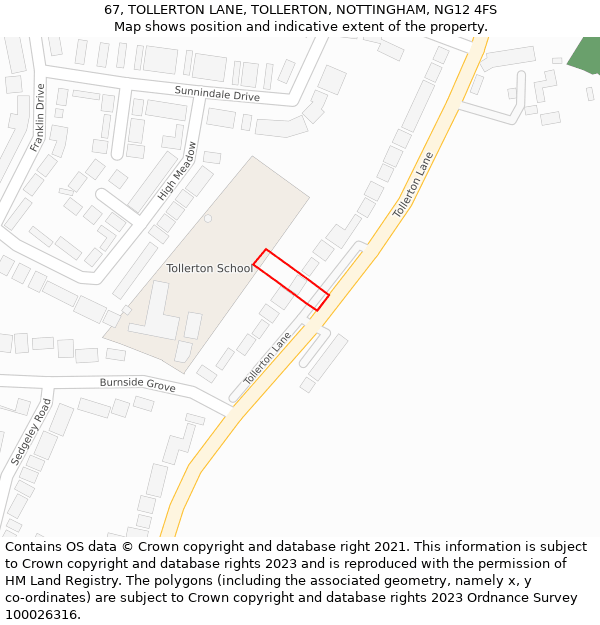 67, TOLLERTON LANE, TOLLERTON, NOTTINGHAM, NG12 4FS: Location map and indicative extent of plot