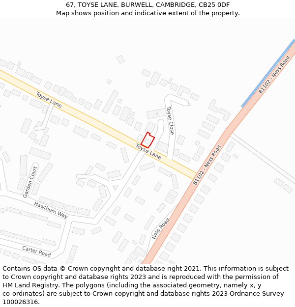 67, TOYSE LANE, BURWELL, CAMBRIDGE, CB25 0DF: Location map and indicative extent of plot