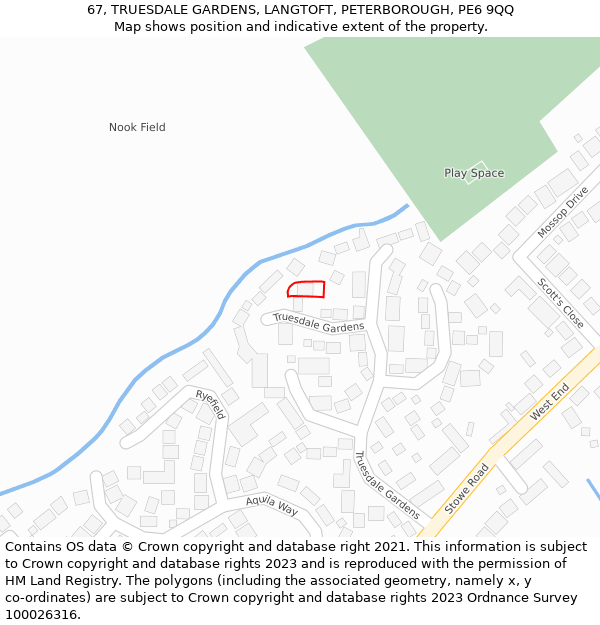 67, TRUESDALE GARDENS, LANGTOFT, PETERBOROUGH, PE6 9QQ: Location map and indicative extent of plot