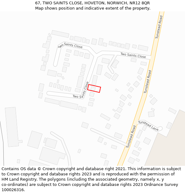 67, TWO SAINTS CLOSE, HOVETON, NORWICH, NR12 8QR: Location map and indicative extent of plot