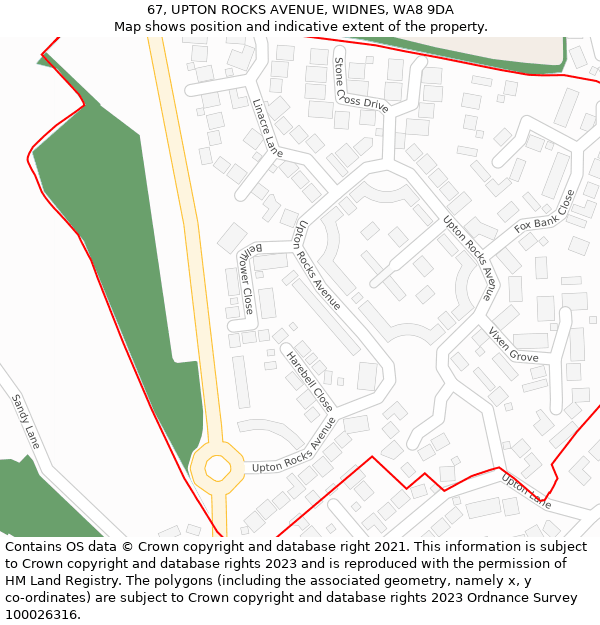 67, UPTON ROCKS AVENUE, WIDNES, WA8 9DA: Location map and indicative extent of plot