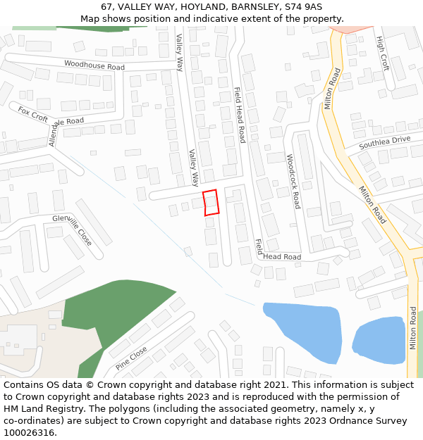 67, VALLEY WAY, HOYLAND, BARNSLEY, S74 9AS: Location map and indicative extent of plot