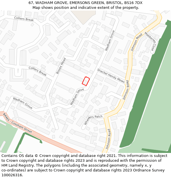 67, WADHAM GROVE, EMERSONS GREEN, BRISTOL, BS16 7DX: Location map and indicative extent of plot