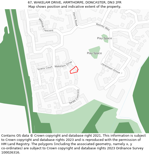 67, WAKELAM DRIVE, ARMTHORPE, DONCASTER, DN3 2FR: Location map and indicative extent of plot