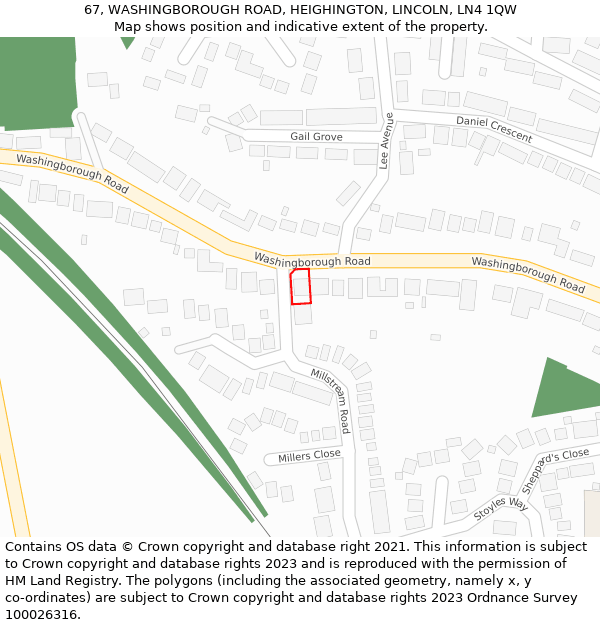 67, WASHINGBOROUGH ROAD, HEIGHINGTON, LINCOLN, LN4 1QW: Location map and indicative extent of plot
