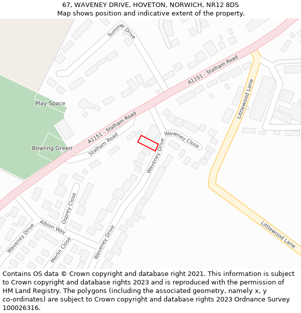 67, WAVENEY DRIVE, HOVETON, NORWICH, NR12 8DS: Location map and indicative extent of plot