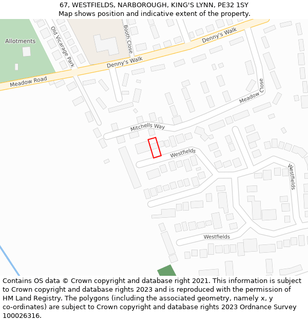67, WESTFIELDS, NARBOROUGH, KING'S LYNN, PE32 1SY: Location map and indicative extent of plot