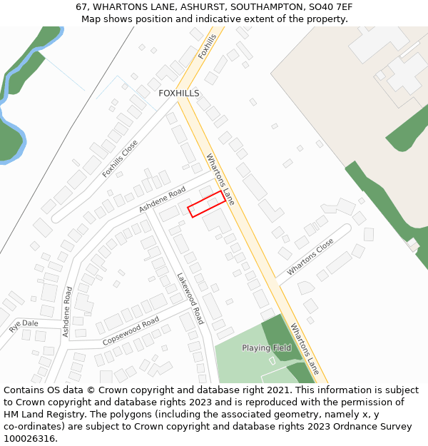 67, WHARTONS LANE, ASHURST, SOUTHAMPTON, SO40 7EF: Location map and indicative extent of plot