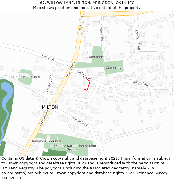 67, WILLOW LANE, MILTON, ABINGDON, OX14 4EG: Location map and indicative extent of plot