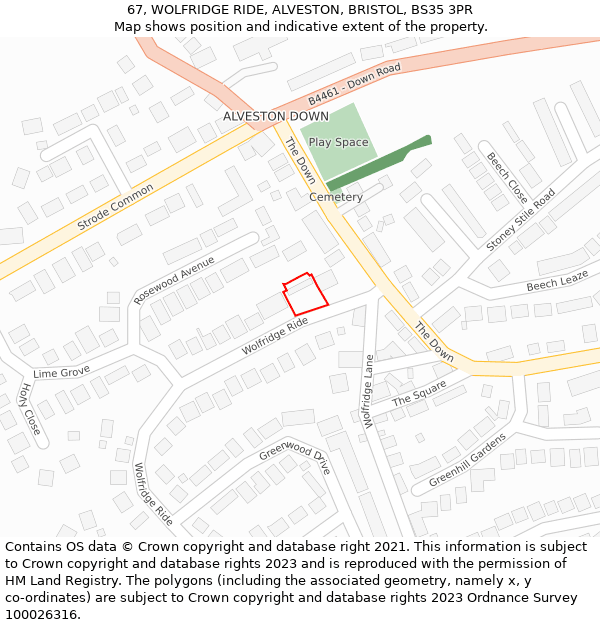 67, WOLFRIDGE RIDE, ALVESTON, BRISTOL, BS35 3PR: Location map and indicative extent of plot