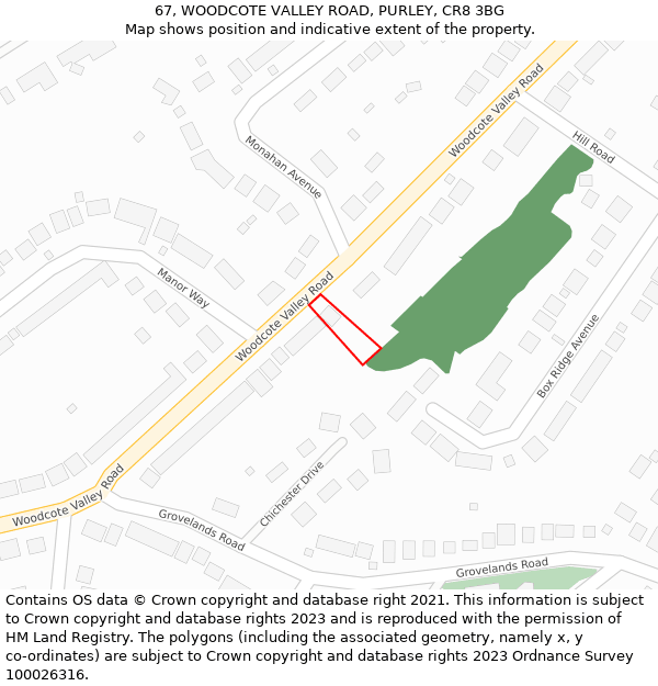 67, WOODCOTE VALLEY ROAD, PURLEY, CR8 3BG: Location map and indicative extent of plot