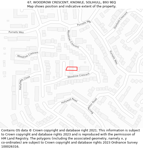 67, WOODROW CRESCENT, KNOWLE, SOLIHULL, B93 9EQ: Location map and indicative extent of plot