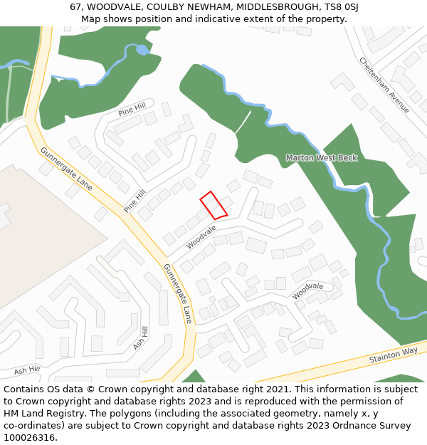 67, WOODVALE, COULBY NEWHAM, MIDDLESBROUGH, TS8 0SJ: Location map and indicative extent of plot