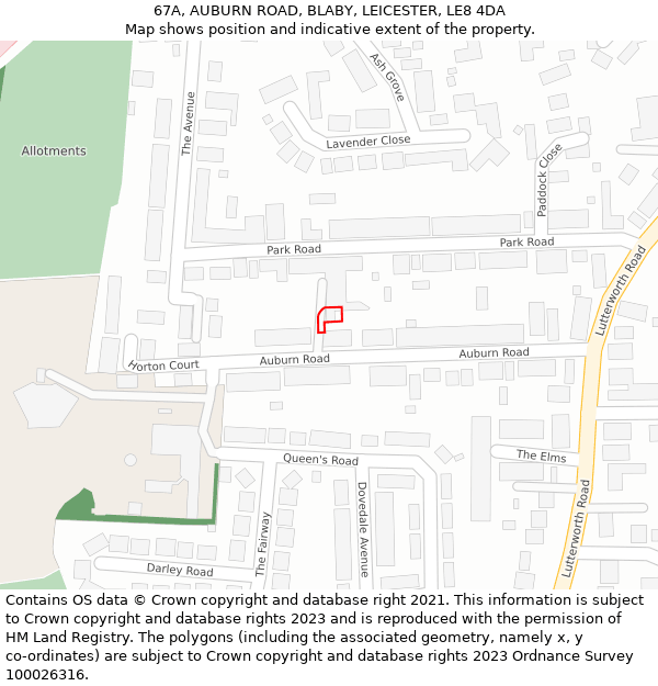 67A, AUBURN ROAD, BLABY, LEICESTER, LE8 4DA: Location map and indicative extent of plot