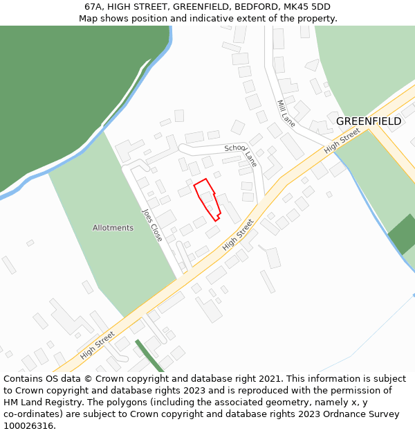 67A, HIGH STREET, GREENFIELD, BEDFORD, MK45 5DD: Location map and indicative extent of plot