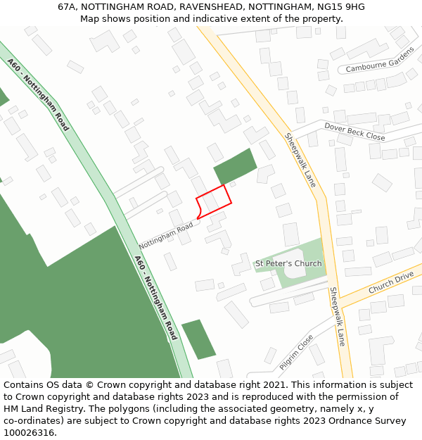 67A, NOTTINGHAM ROAD, RAVENSHEAD, NOTTINGHAM, NG15 9HG: Location map and indicative extent of plot