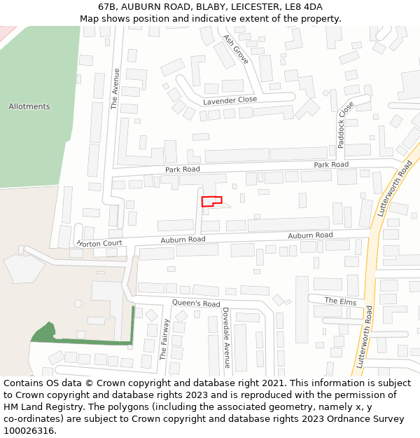 67B, AUBURN ROAD, BLABY, LEICESTER, LE8 4DA: Location map and indicative extent of plot