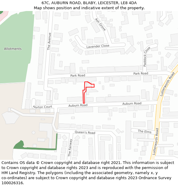 67C, AUBURN ROAD, BLABY, LEICESTER, LE8 4DA: Location map and indicative extent of plot