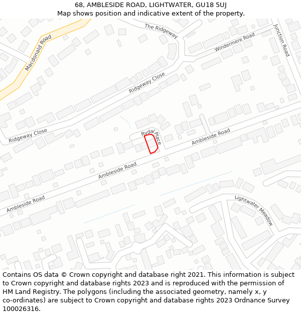 68, AMBLESIDE ROAD, LIGHTWATER, GU18 5UJ: Location map and indicative extent of plot